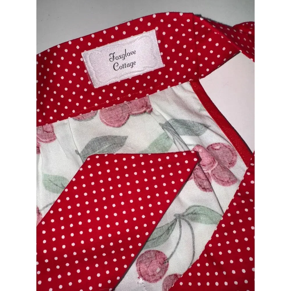 Foxglove Cottage Cherry Print Waist Apron White Red Retro Cottagecore Cottage